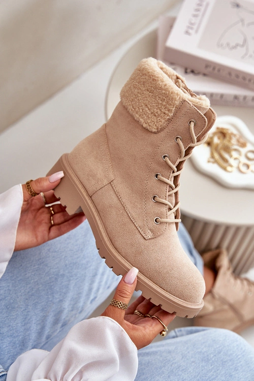 Damskie Ocieplane Botki Workery Na Zamek Beżowe Mivael