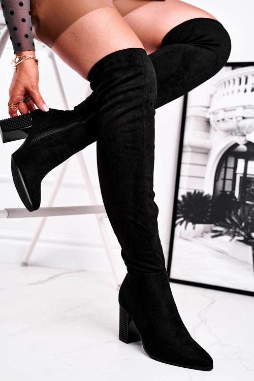 Kozaki Damskie Na Słupku Zamszowe Czarne Victoria