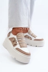 Zazoo 1833 Sneakersy Damskie Skórzane Na Masywnej Podeszwie Beżowo-Białe