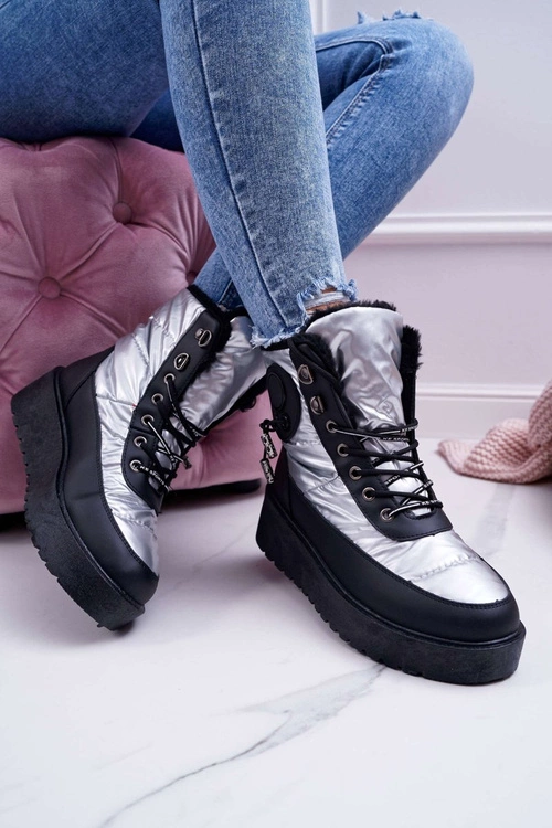 Damskie Botki Śniegowce Ocieplane Futerkiem Srebrne Fahrenheit