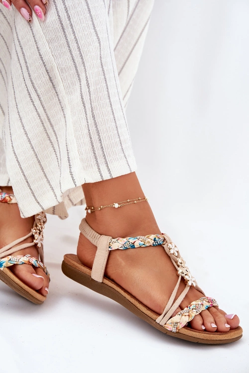 Sandały Damskie Z Przypinkami I Plecionymi Paskami Beżowe Nusoreth