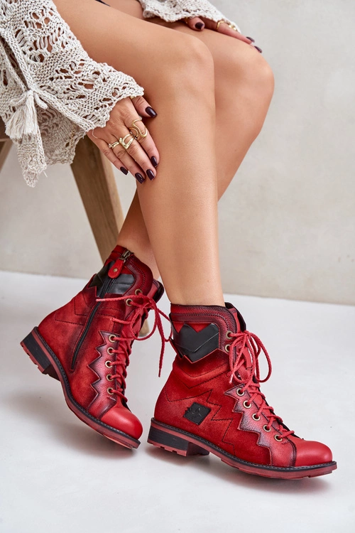 Skórzane Ocieplane Botki Damskie Na Płaskim Obcasie Maciejka 06106-08 Czerwone