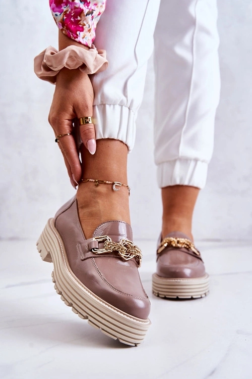 Damskie Półbuty Złota Ozdoba Skórzane Laura Messi 2383 Ciemny Beż