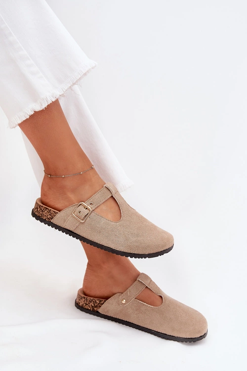 Klapki Chodaki Damskie Ze Złotą Klamrą Beżowe Lirina