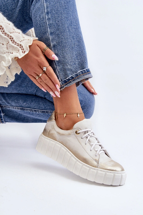 Zazoo 2919 Damskie Skórzane Półbuty Na Grubej Podeszwie Złote