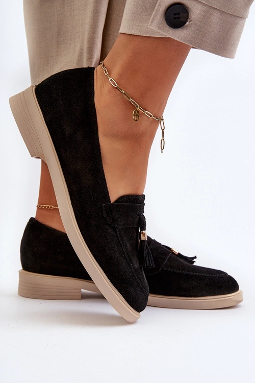 Zazoo 3420 Zamszowe Mokasyny Damskie Na Płaskim Obcasie Czarne