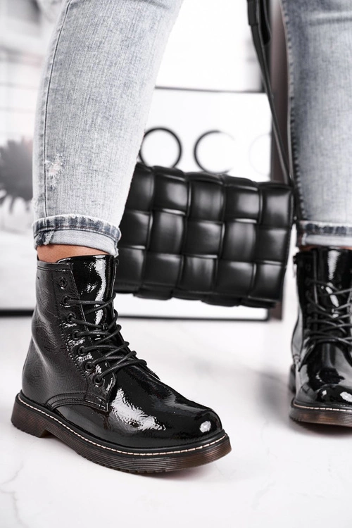 Botki Damskie Lakierowane Trapery Glany Czarne Marita