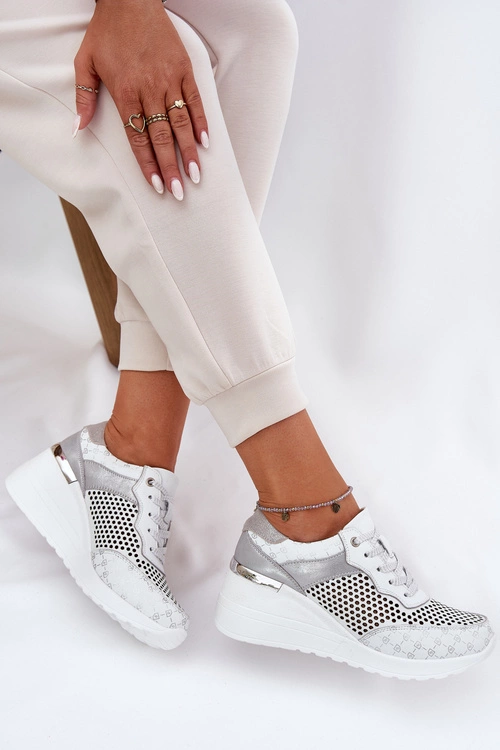 Skórzane Ażurowe Buty Sportowe Sneakersy Na Koturnie S.Barski LR51-641 Białe