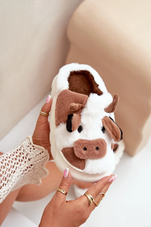 Futrzane Kapcie Krowy Damskie Brązowe Remiola