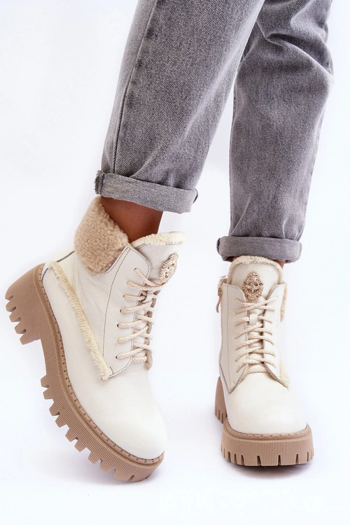 Damskie Skórzane Trapery Botki Kremowe Lemar Vergo