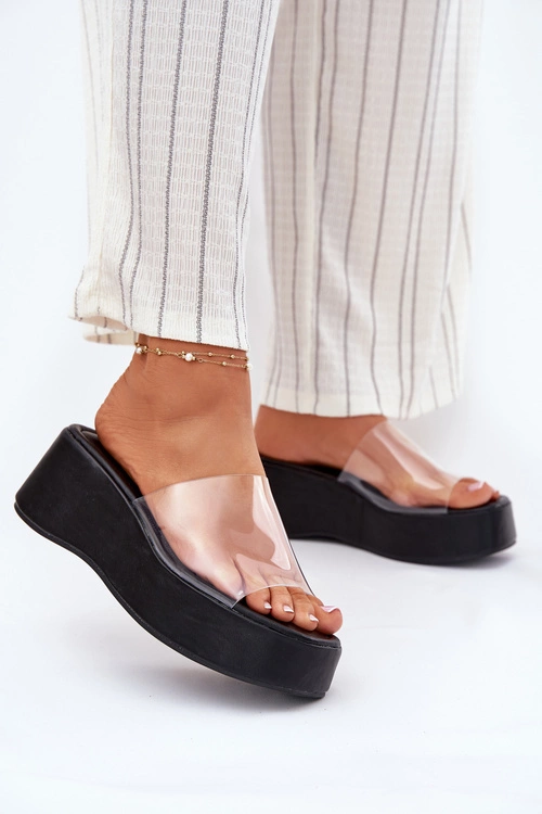 Klapki Damskie Z Transparentnym Paskiem Na Koturnie Czarne Meltiana