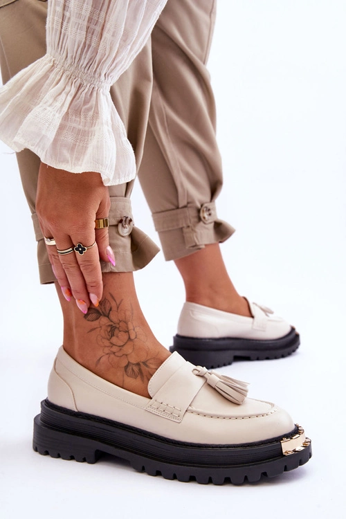 Klasyczne Półbuty Mokasyny Z Frędzlami Beżowe Lonisa