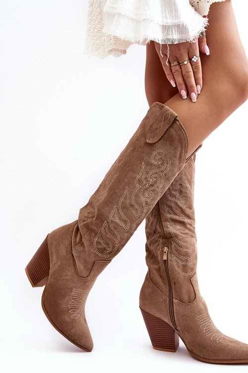 Damskie Kozaki Kowbojki Na Obcasie Beżowe Tomani