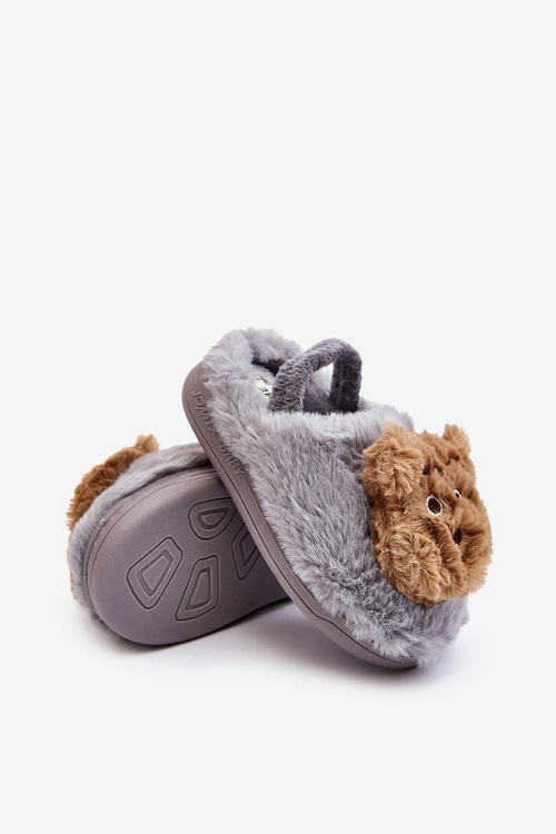 Kapcie Dziecięce Futrzane Z Misiem Szare Dicera