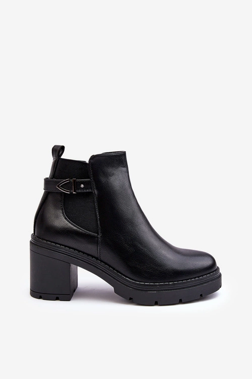 Skórzane Damskie Botki Na Masywnym Słupku Czarne Belinda