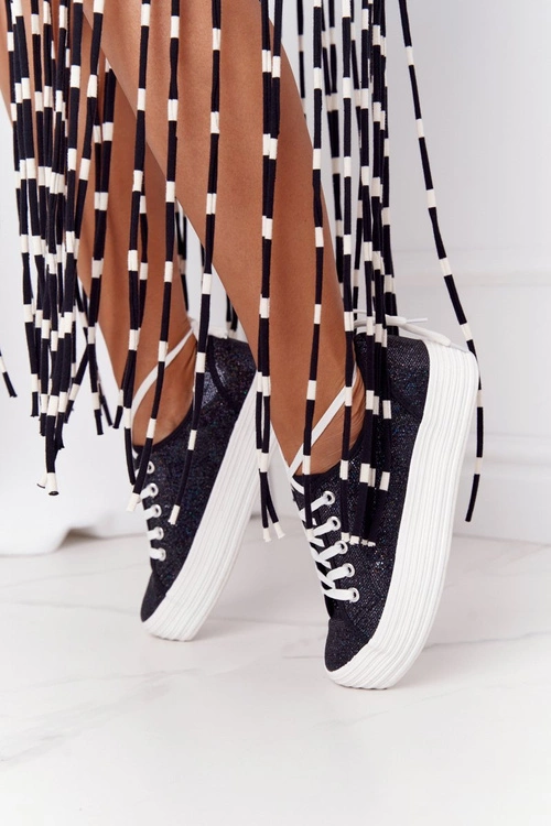 Brokatowe Tenisówki Na Platformie Czarne Luna