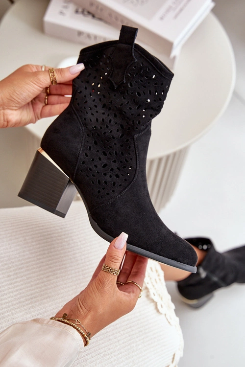 Ażurowe Botki Na Słupku Z Eko Zamszu Zapinane Na Zamek Czarne Sevana