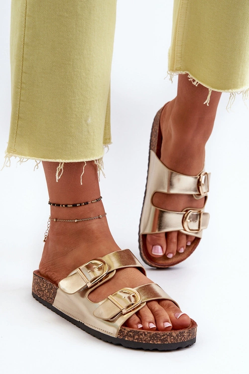 Damskie Klapki Na Korkowej Platformie Z Paskami Złote Doretta