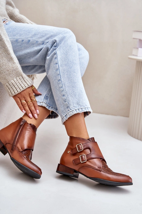 Skórzane Botki Na Niskim Obcasie Z Klamrami Maciejka 06696-02 Brązowe