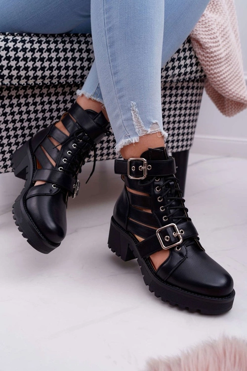 Botki Damskie Płaski Obcas Wiosenne Czarne Single