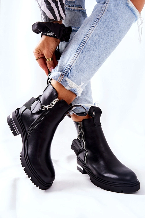 Skórzane Ocieplane Botki Z Suwakiem Czarne Cortona