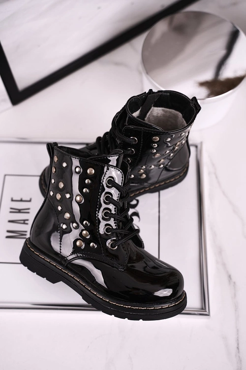 Dziecięce Ocieplane Botki z Dżetami Lakierowane Czarne Fame