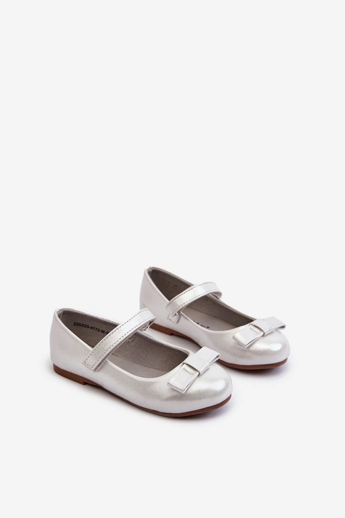 Błyszczące Balerinki Dziecięce Z Kokardką Na Rzep Srebrne Fiorelle