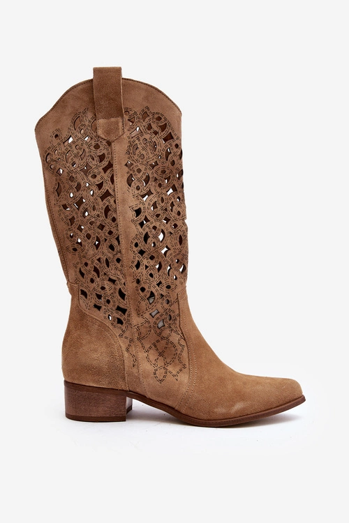 Zazoo 3403 Ażurowe Kozaki Damskie Na Niskim Obcasie Beżowe