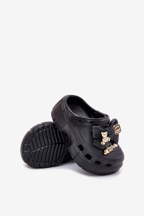 Klapki Dziecięce Dziewczęce Piankowe Z Kokardką I Ozdobami Czarne Selvana