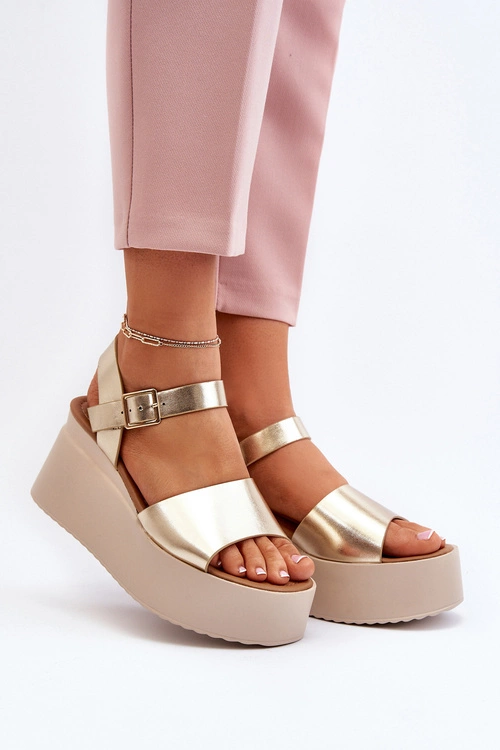 Damskie Sandały Na Koturnie Złote Geferia