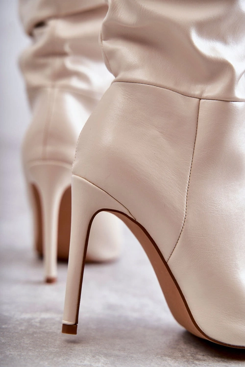 Marszczone Skórzane Kozaki Na Szpilce Jasnobeżowe Caren