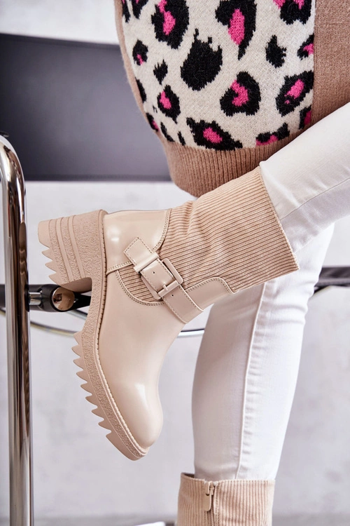 Damskie Botki Ocieplane Na Masywnym Obcasie Beżowe Marinela