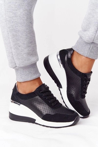 Ażurowe Skórzane Sneakersy Na Koturnie S.Barski Czarne