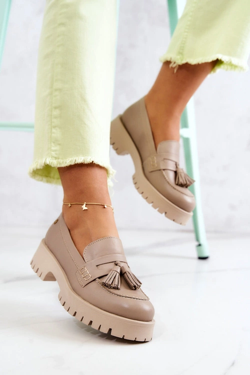 Damskie Skórzane Półbuty Frędzle Maciejka 05497-04 Beżowe