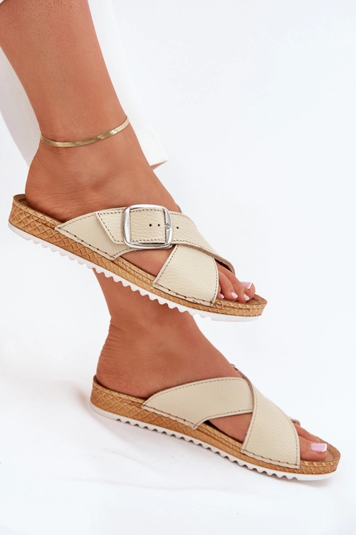 Skórzane Klapki Damskie Z Klamrą Inblu VO0004GU Beżowe