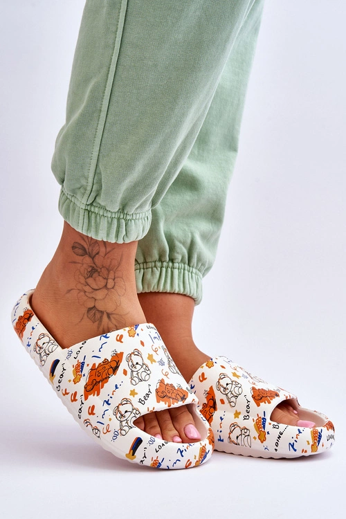 Damskie Piankowe Klapki W Misie I Napisy Beżowo-Pomarańczowe Zoey