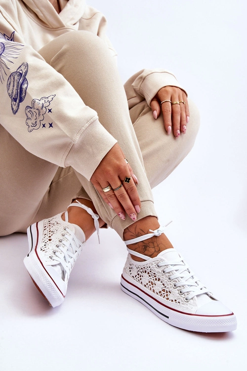 Damskie Koronkowe Materiałowe Trampki Białe Fergo