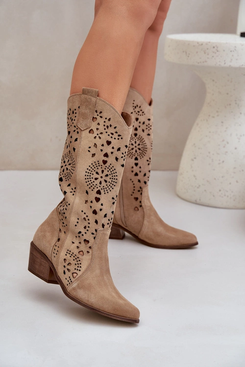 Zazoo 3396 Zamszowe Ażurowe Kozaki Do Połowy Łydki Beżowe