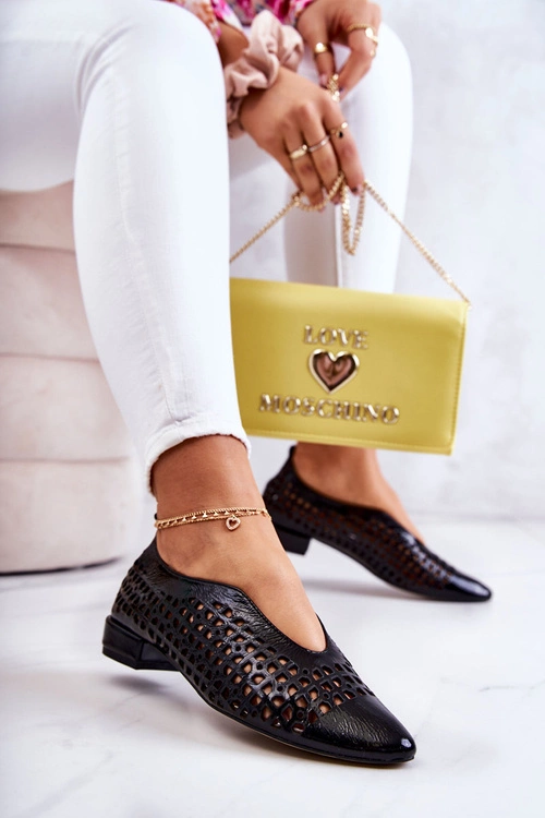 Eleganckie Lakierowane Skórzane Półbuty Ażurowe Czarne Ismena