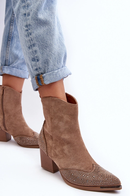 Damskie Zdobione Botki Kowbojki Na Słupku Beżowe Eleduana