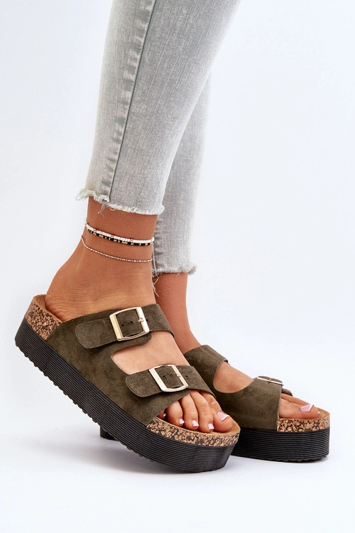 Damskie Klapki Na Platformie Z Klamrami Zielone Lolpey