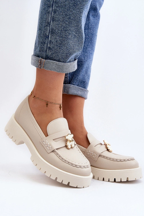 Skórzane Półbuty Mokasyny Z Misiem CheBello 4291 Jasnobeżowe