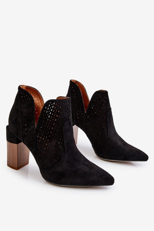 Modne Zamszowe Ażurowe Botki Na Obcasie Czarne Genevi