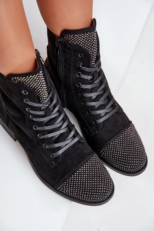 Zdobione Botki Na Płaskim Obcasie Eko Zamszowe Ocieplane Czarne Ellieo