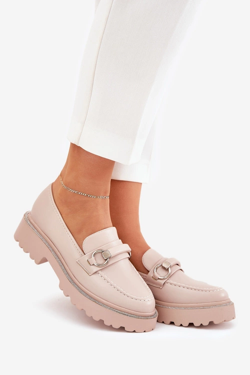 Mokasyny Damskie Zdobione Cyrkoniami Beżowe Patina