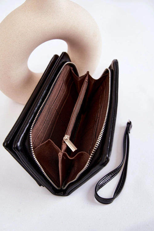 Damski Duży Skórzany Portfel Na Zamek Czarny Shiness