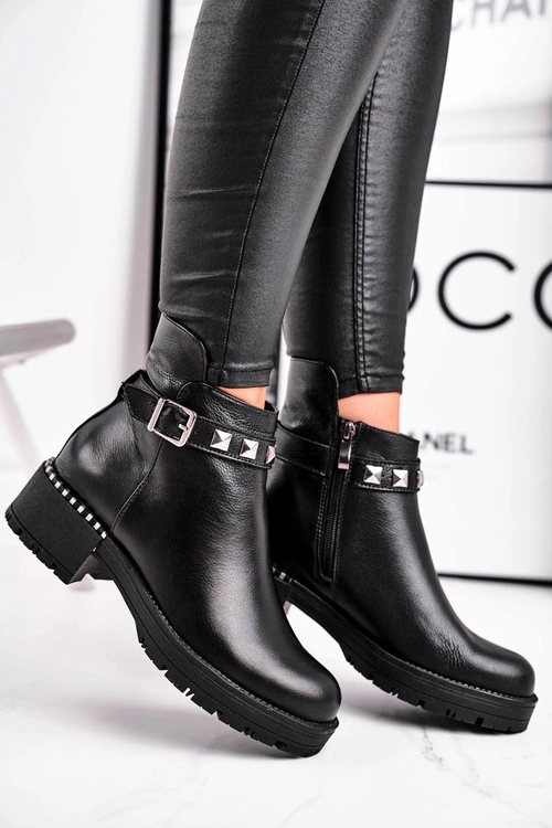 Botki Damskie Skórzane Ocieplane Laura Messi Czarne 2055