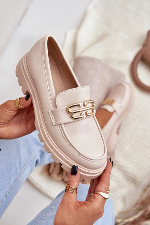 Mokasyny Damskie Ze Złotym Detalem Beżowe Trionna