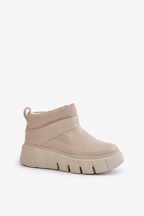 Zazoo 60470 Skórzane Botki Ocieplane Wełną Na Platformie Jasnobeżowe
