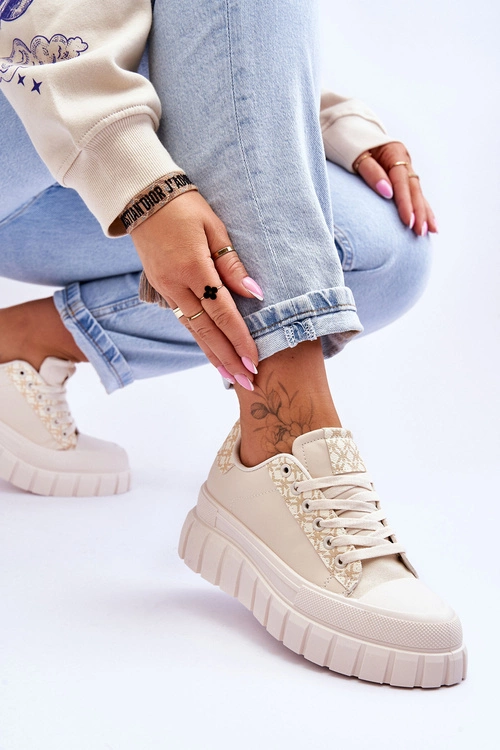 Damskie Skórzane Buty Sportowe Na Platformie Beżowe Alison